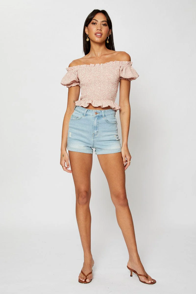 Geo Print Crop Top Short Sleeve Off Shoulder - Image 2