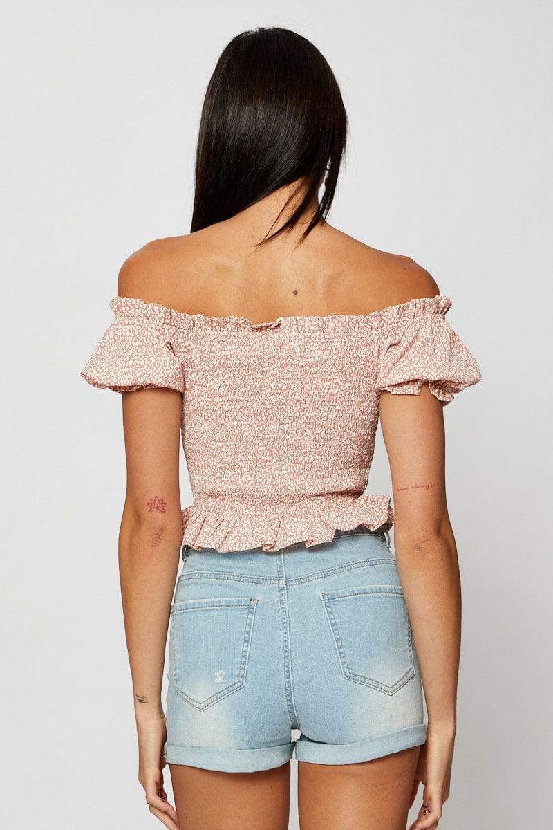 Geo Print Crop Top Short Sleeve Off Shoulder - Image 5