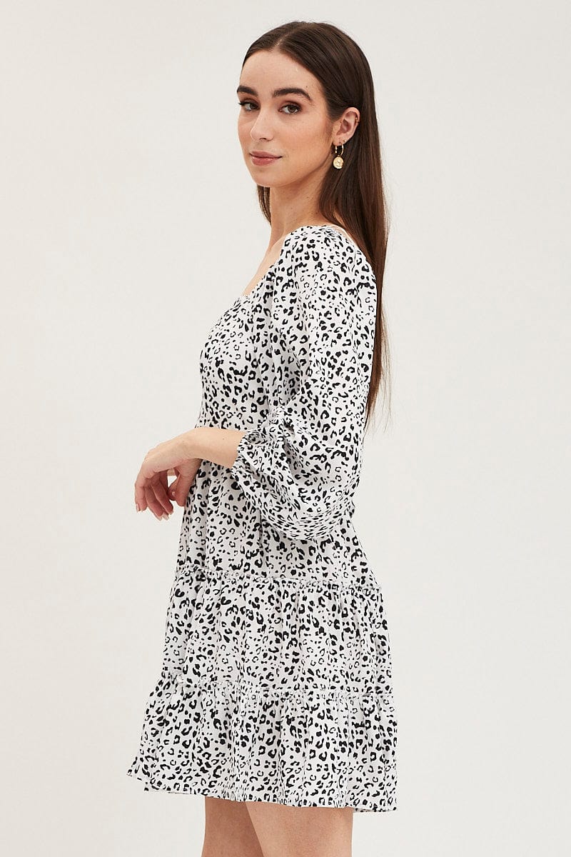 Geo Print Fit And Flare Dress Long Sleeve Square Neck - Image 4