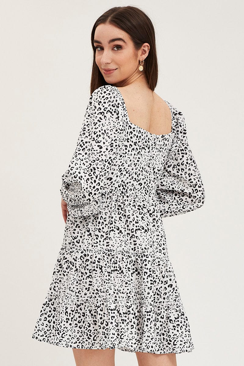 Geo Print Fit And Flare Dress Long Sleeve Square Neck - Image 5