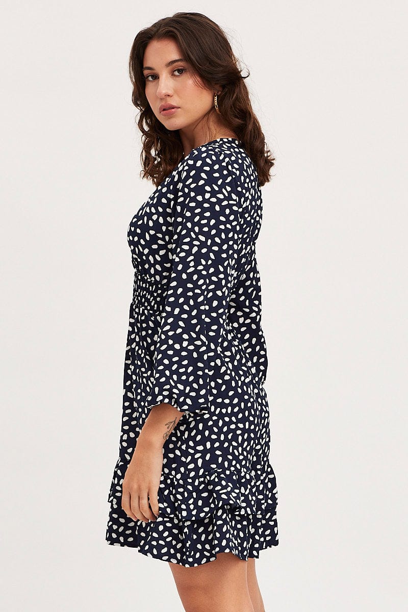 Geo Print Skater Dress Long Sleeve Mini Ruffle - Image 4