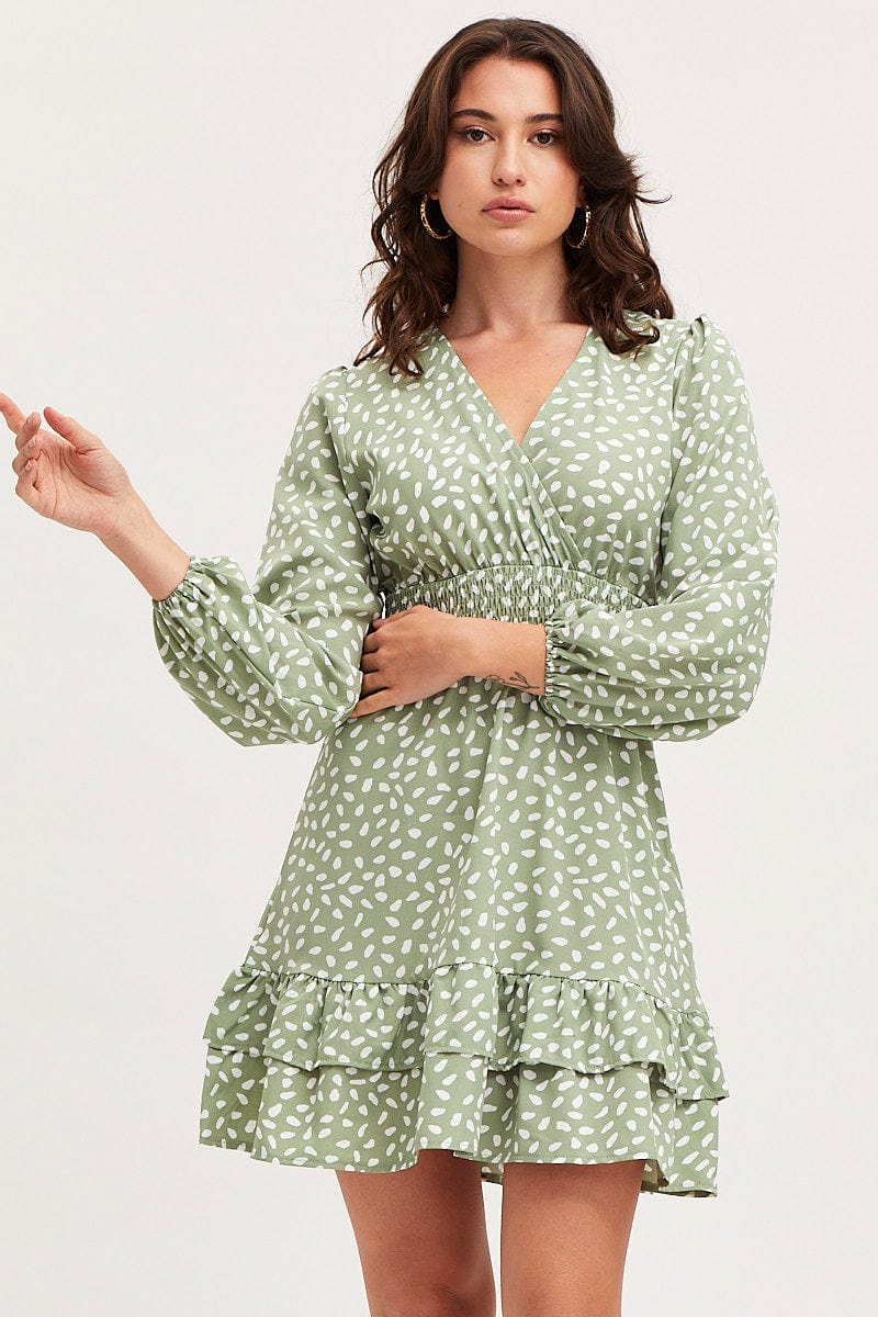 Geo Print Skater Dress Long Sleeve Mini Ruffle - Image 3