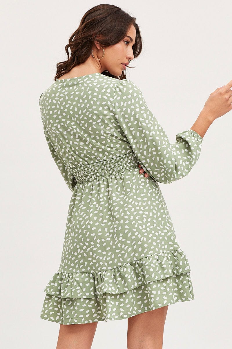 Geo Print Skater Dress Long Sleeve Mini Ruffle - Image 5
