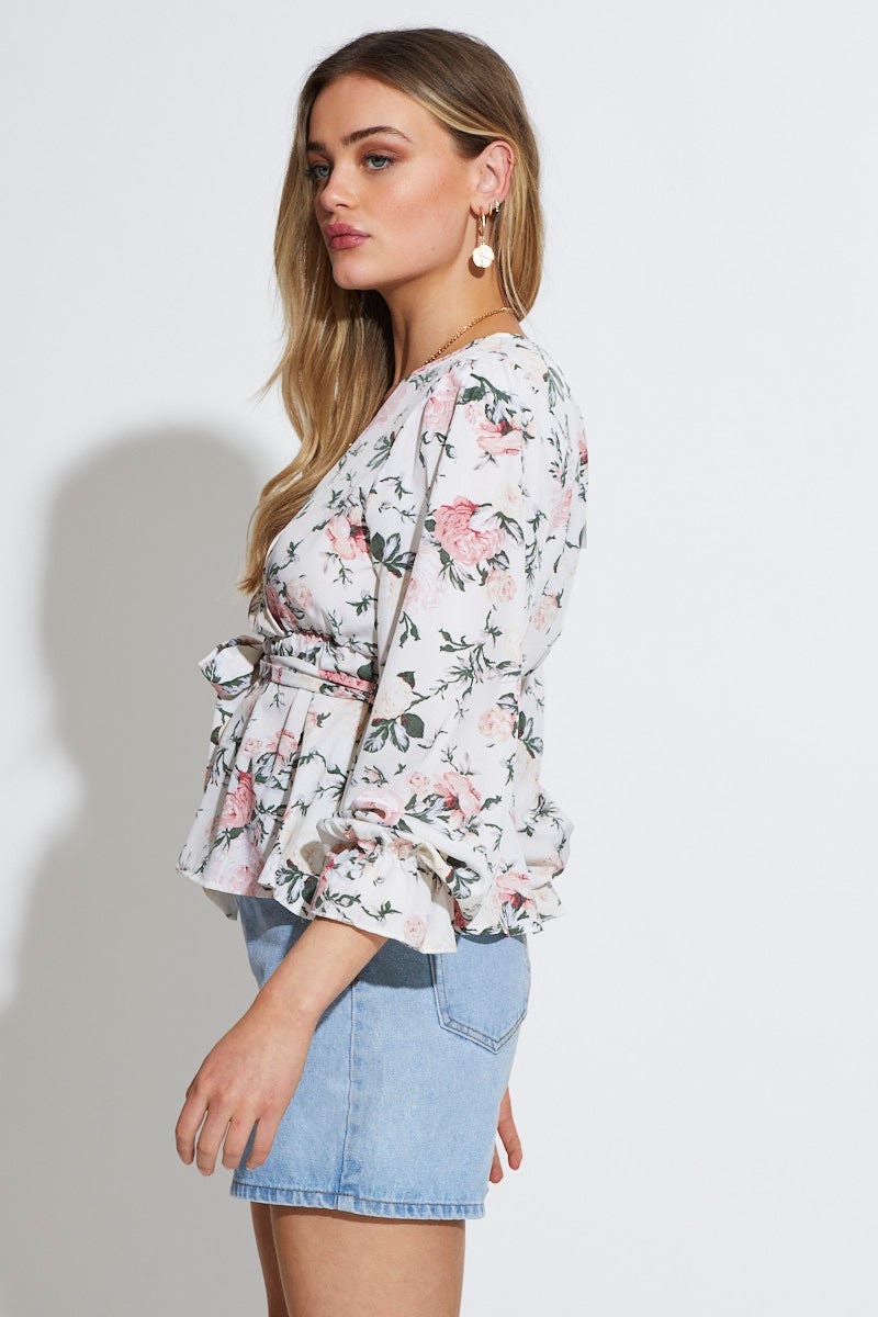 Geo Print Wrap Top Long Sleeve - Image 3
