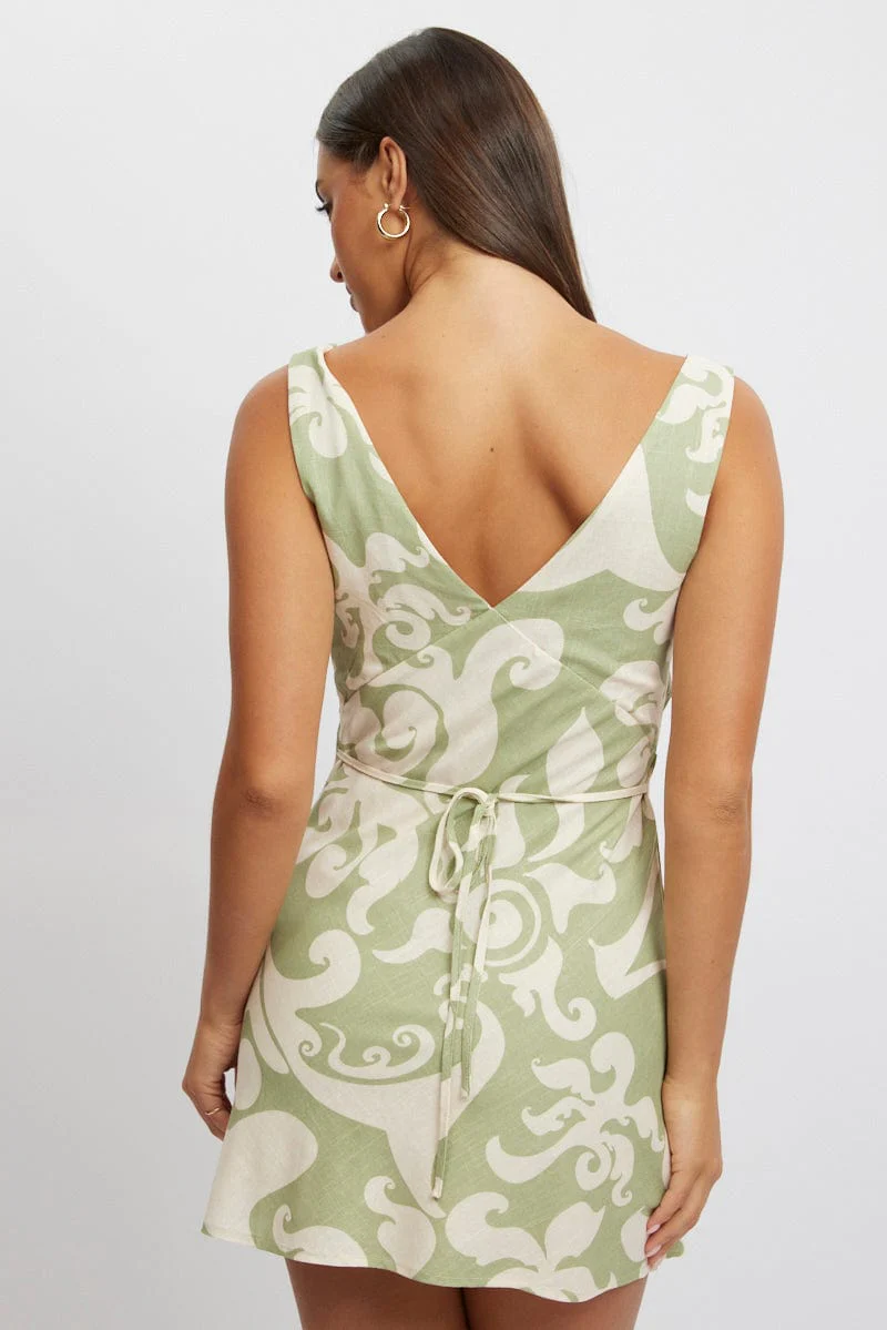 Green Abstract A Line Mini Dress Sleeveless - Image 4