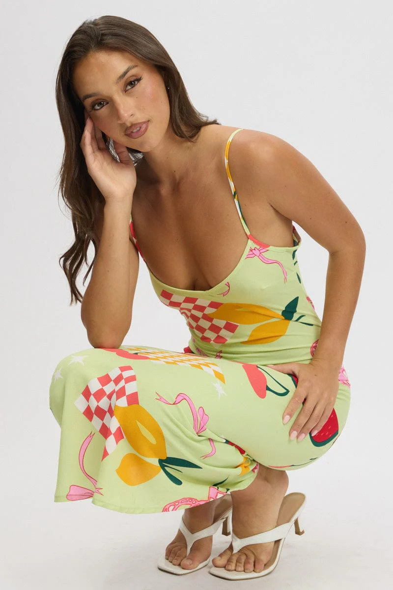 Green Abstract Maxi Dress Bias Cut - Image 2