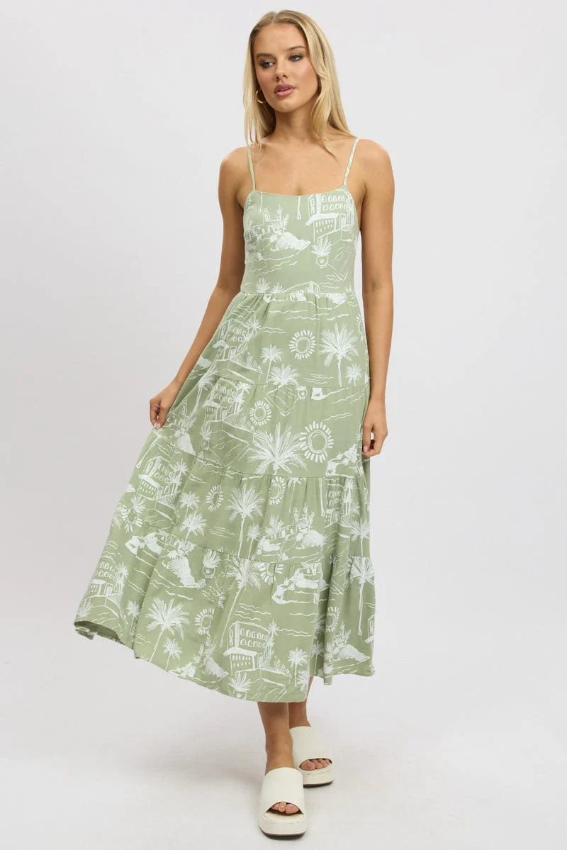 Green Abstract Maxi Dress Tiered Strappy - Image 3