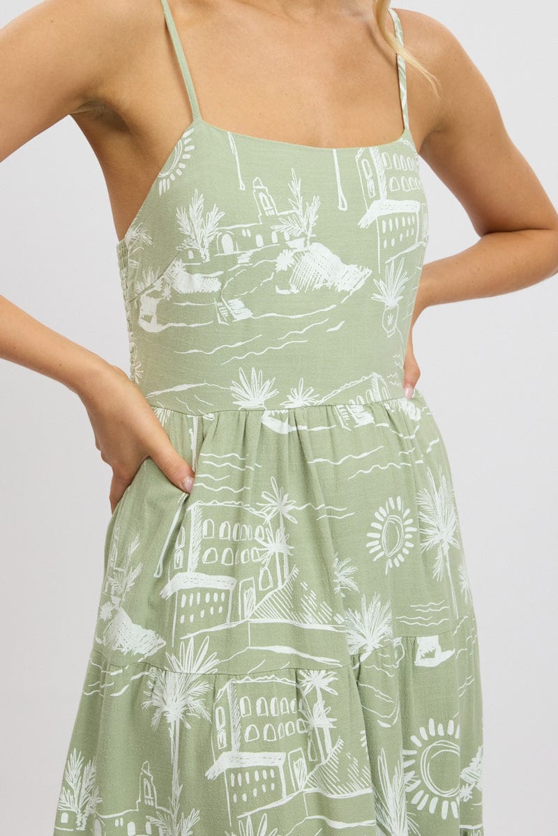 Green Abstract Maxi Dress Tiered Strappy - Image 6