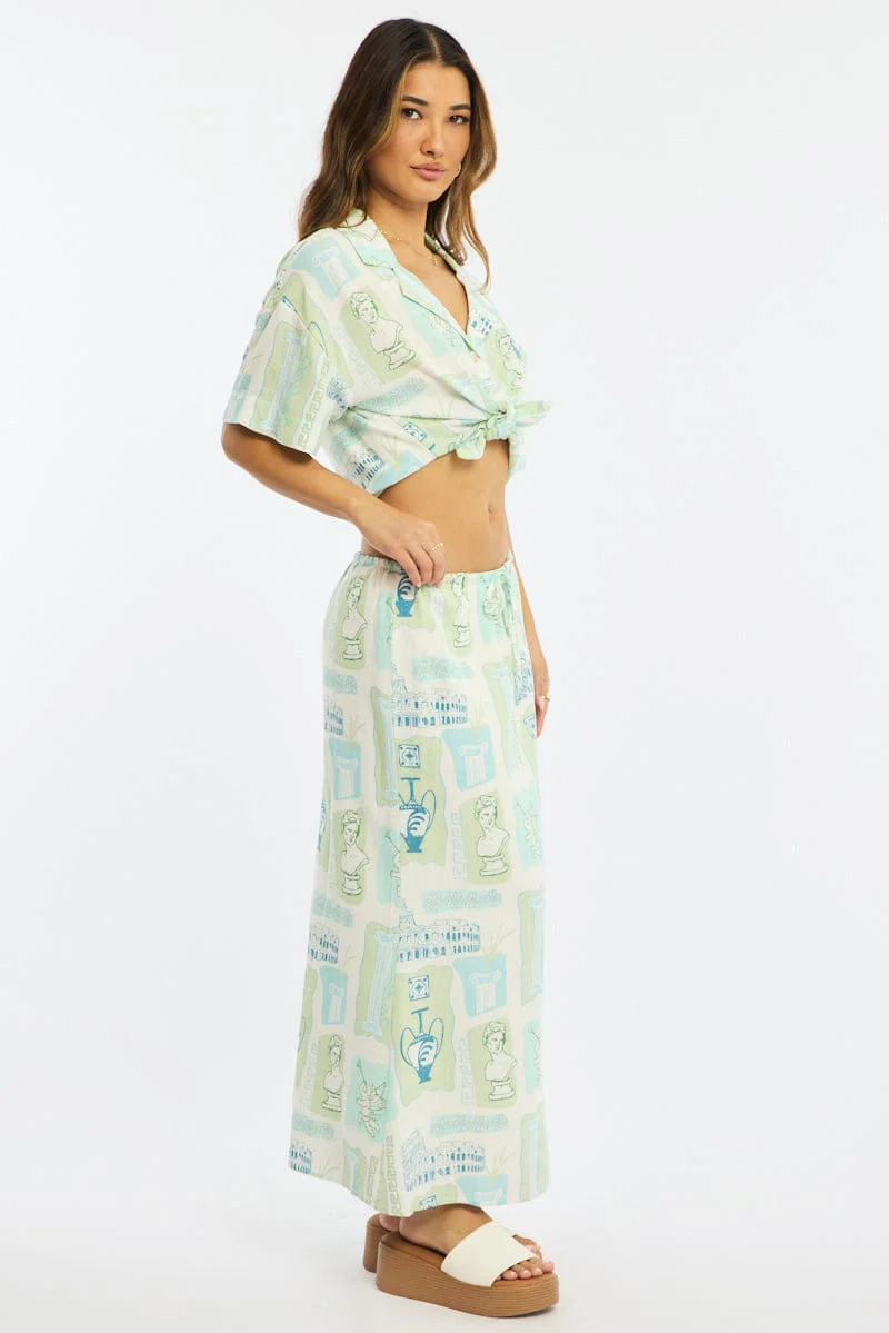 Green Abstract Midaxi Skirt Relaxed Fit Elastic Waist - Image 4