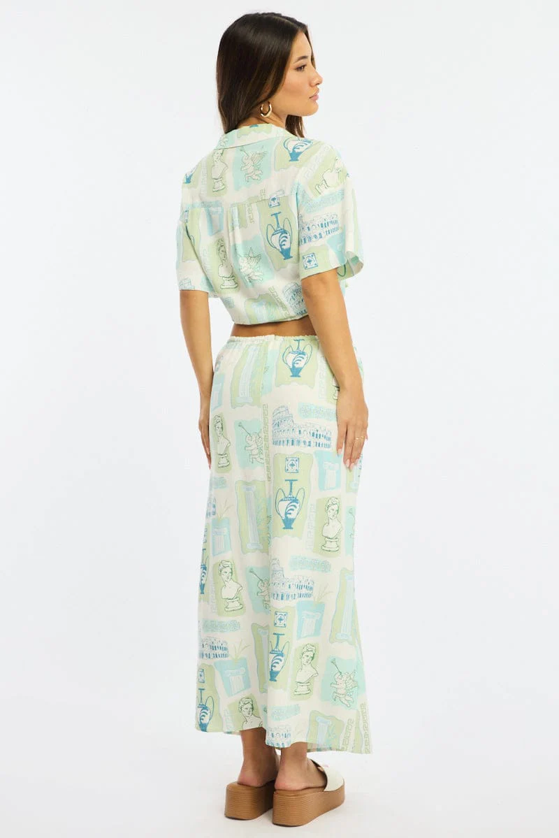 Green Abstract Midaxi Skirt Relaxed Fit Elastic Waist - Image 5