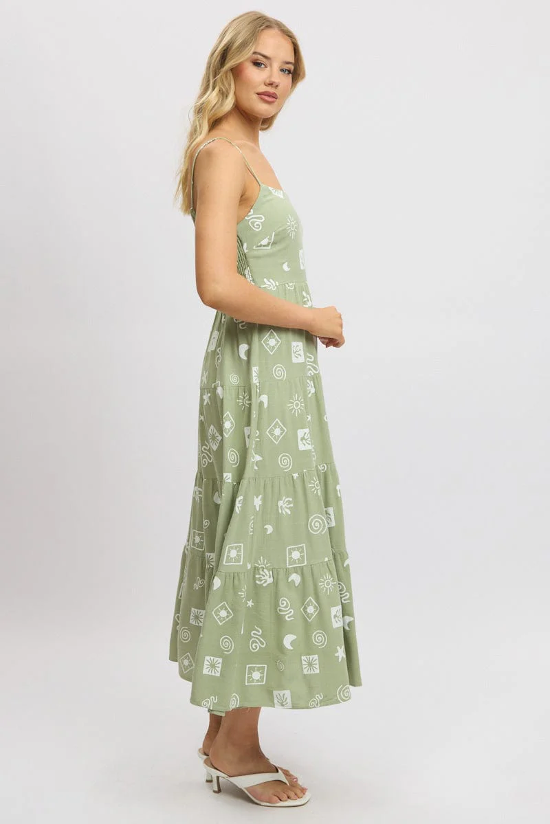 Green Abstract Midi Dress Tiered Strappy - Image 4