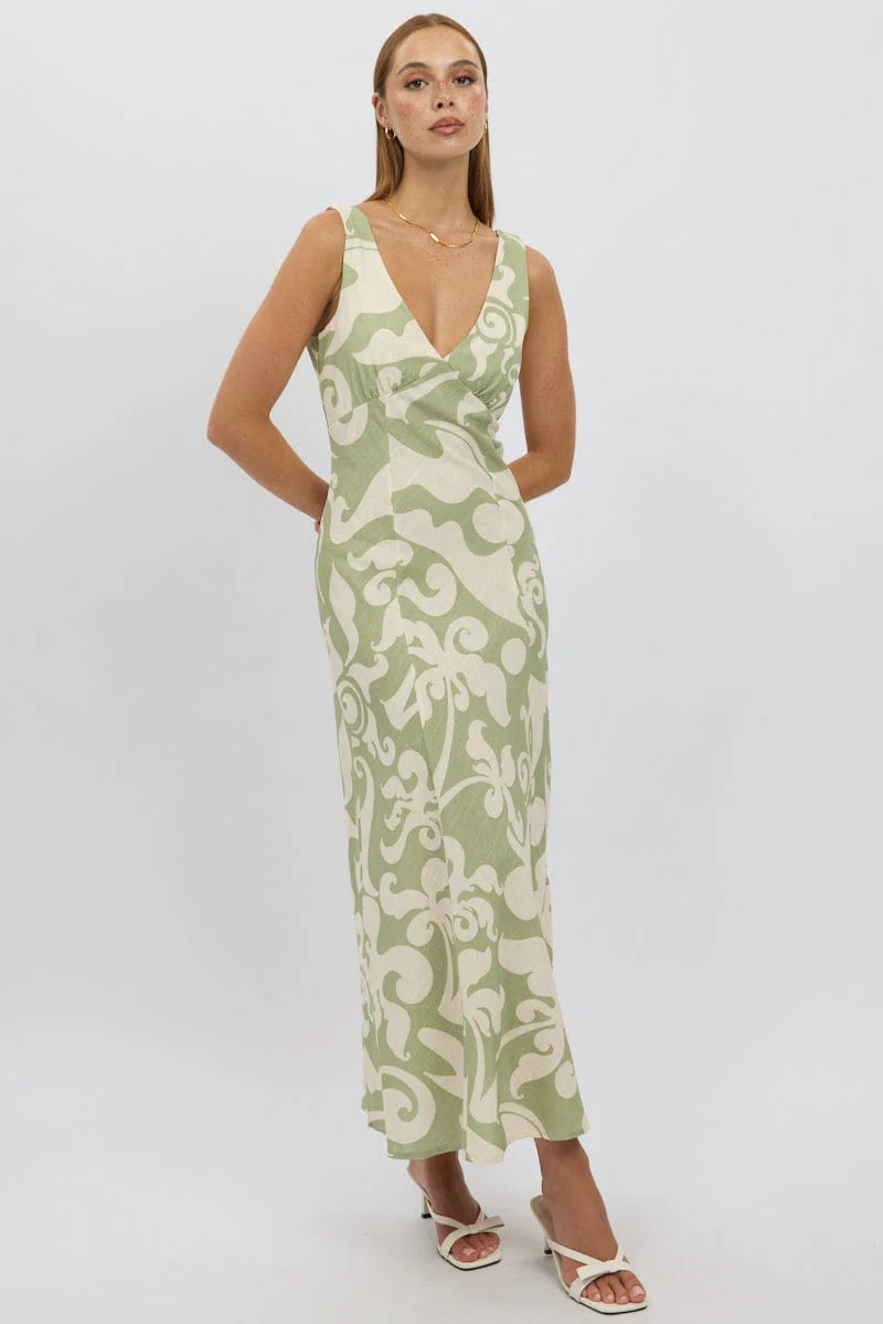 Green Abstract Midi Dress V Neck Sleeveless - Image 2