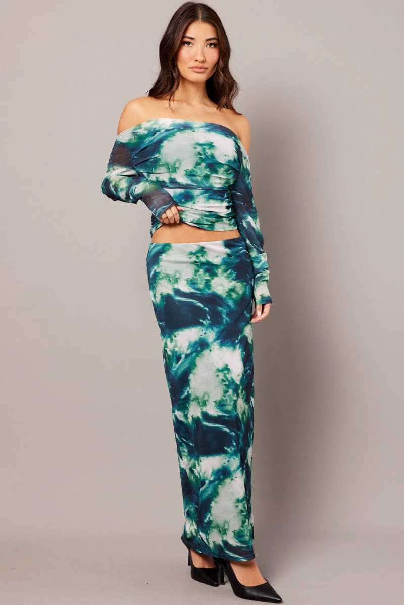 Green Abstract Midi Skirt High Rise Mesh - Image 2