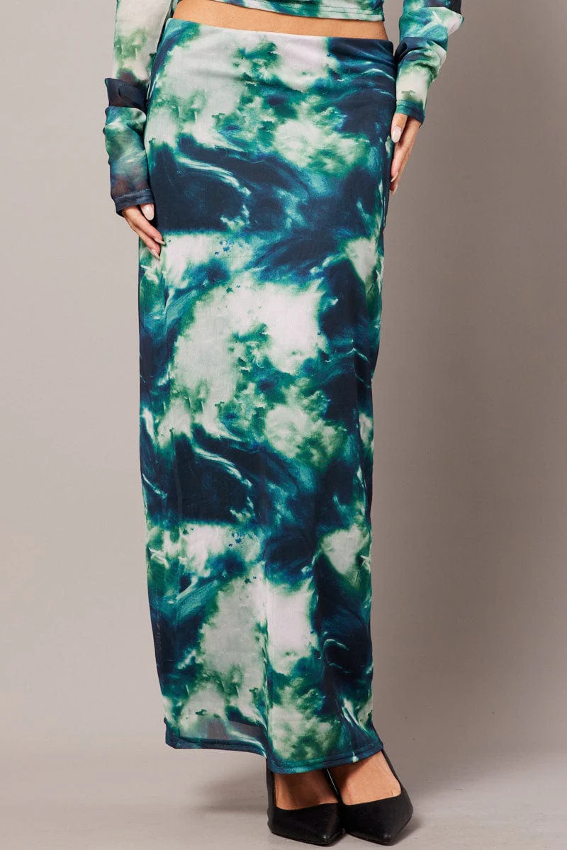 Green Abstract Midi Skirt High Rise Mesh - Image 3