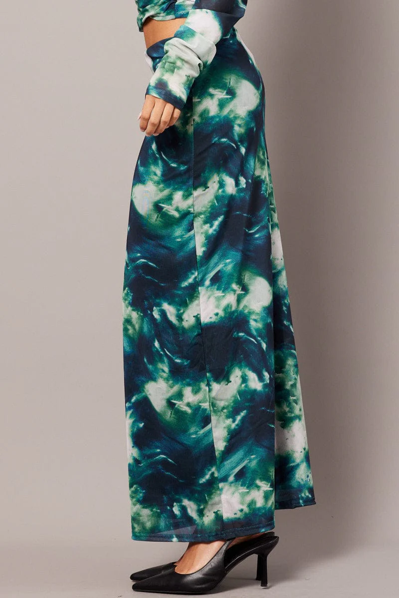 Green Abstract Midi Skirt High Rise Mesh - Image 4