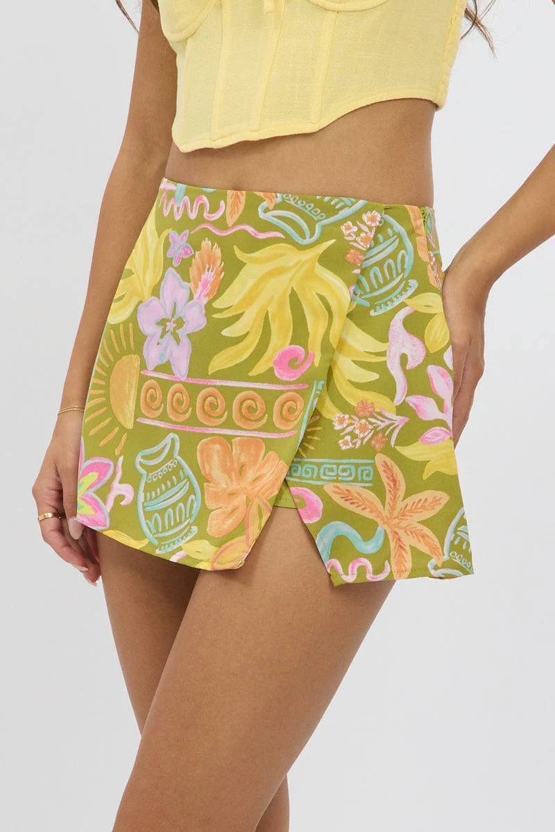 Green Abstract Mini Skort Skirt High Rise Lined - Image 6