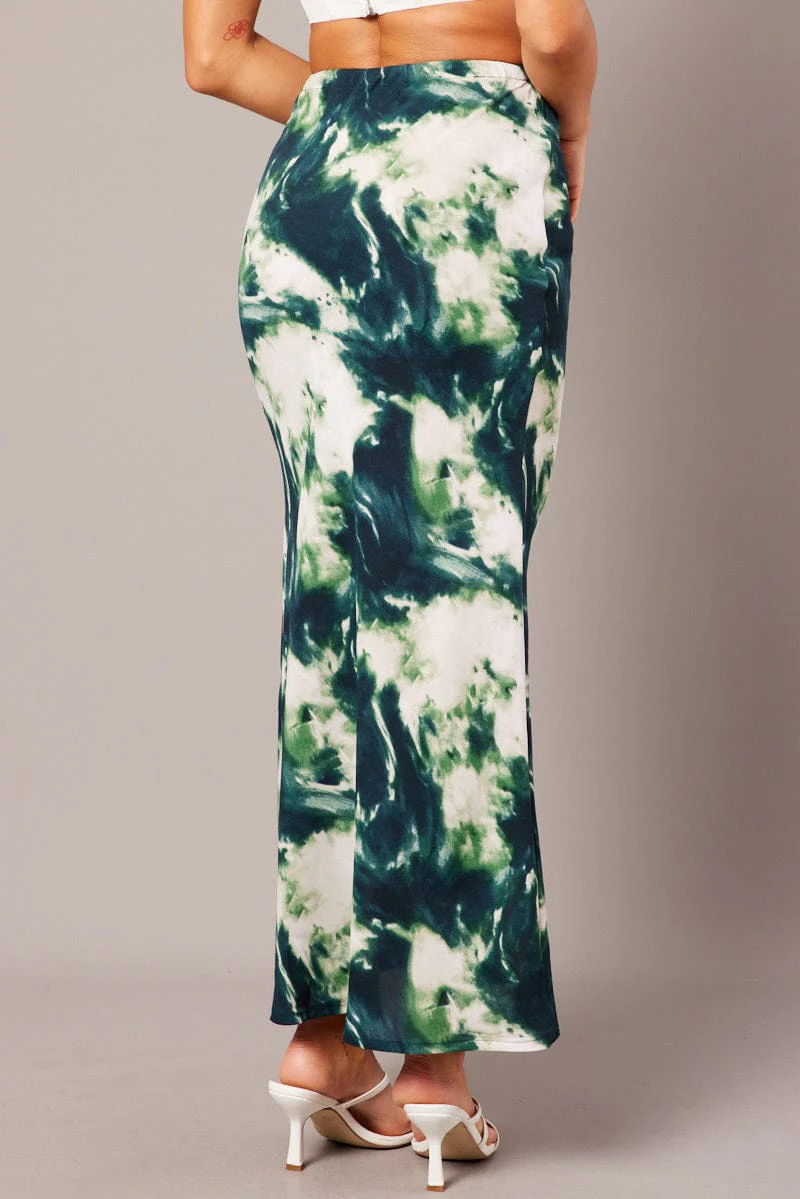 Green Abstract Slip Skirt Maxi Drawstring Waist - Image 5