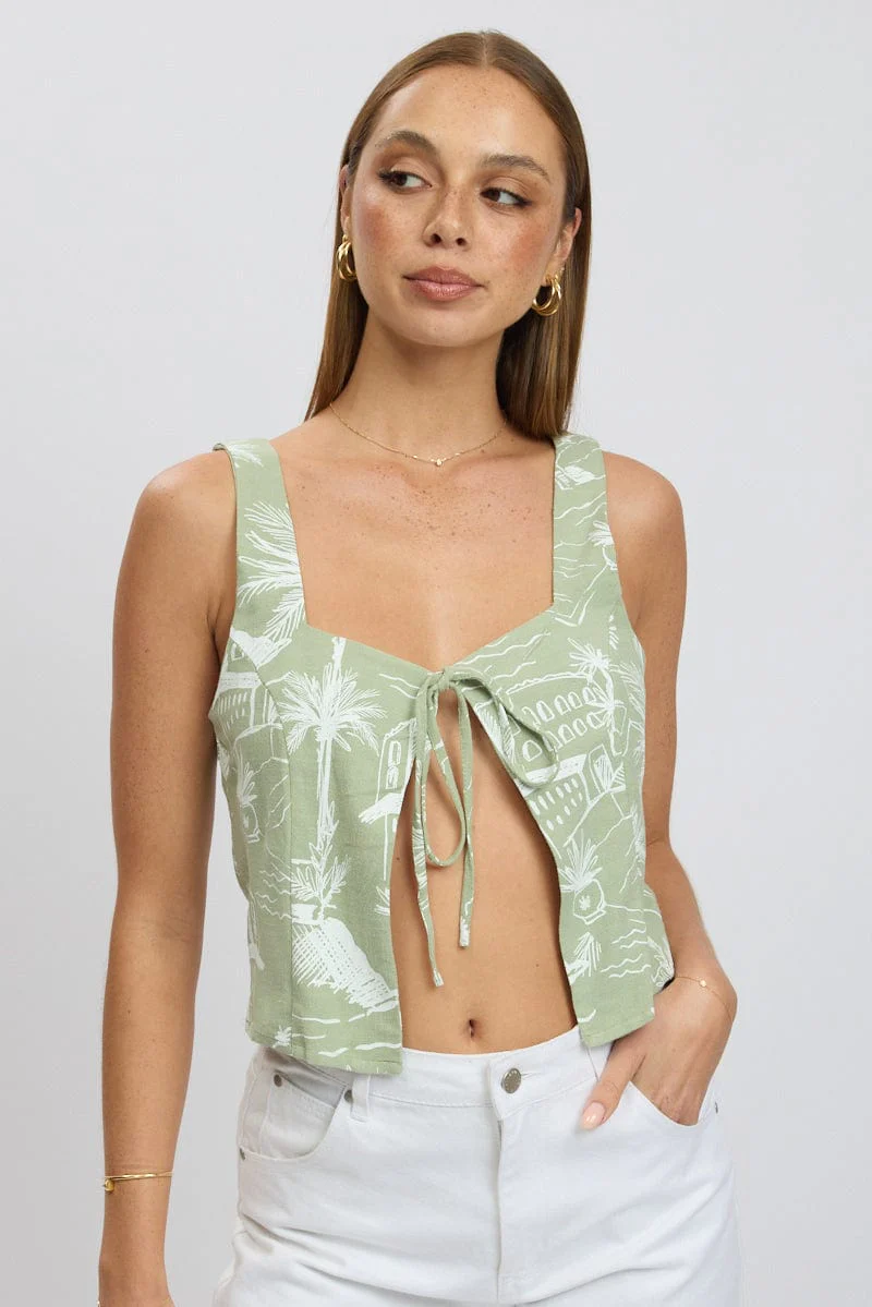 Green Abstract Tie Front Top Sleeveless