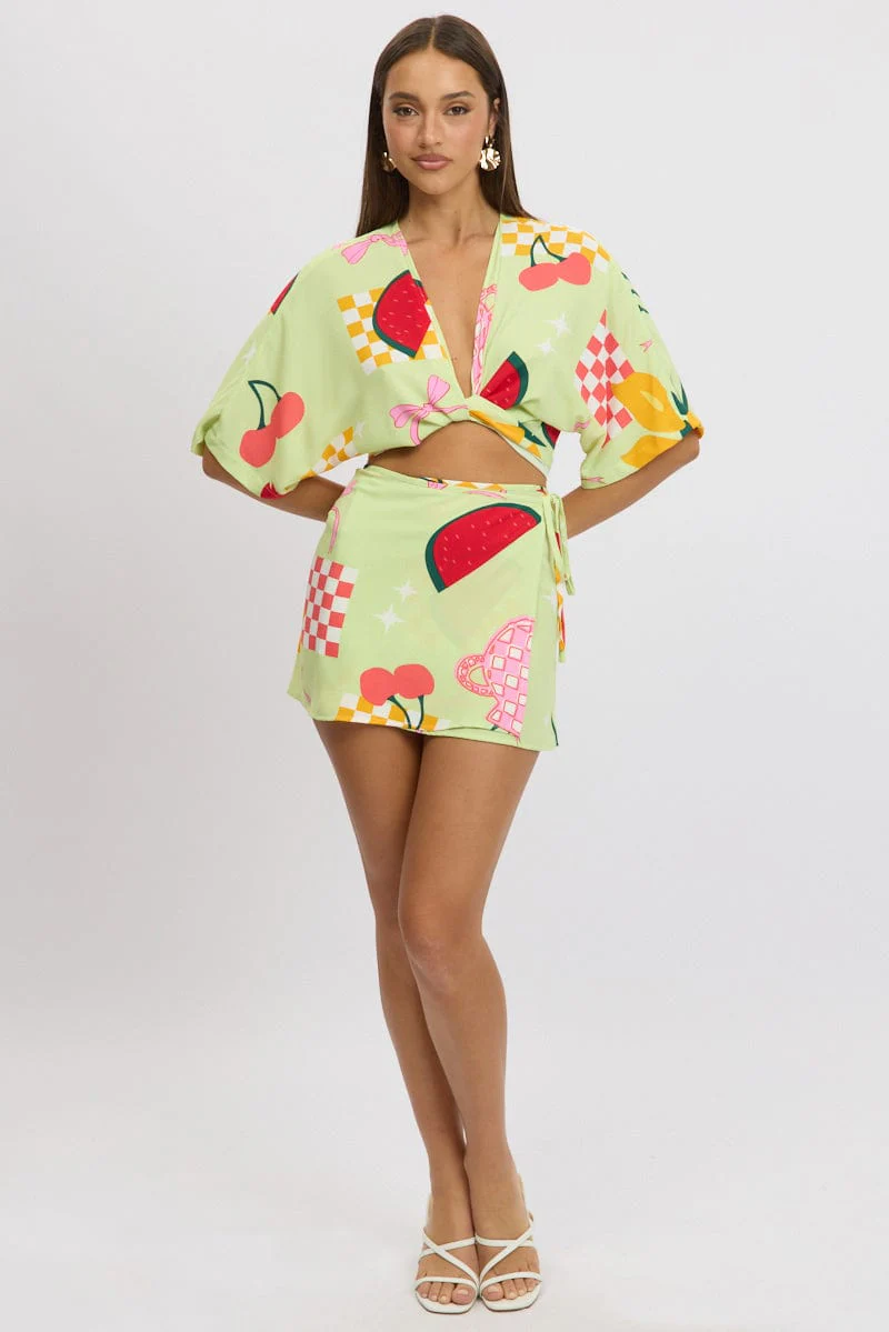 Green Abstract Tie Up Bolero Short Sleeve - Image 3