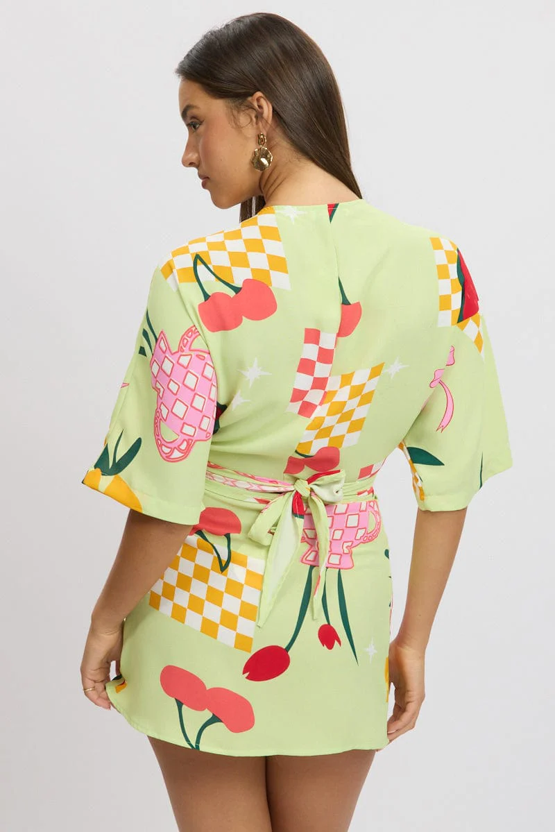 Green Abstract Tie Up Bolero Short Sleeve - Image 5