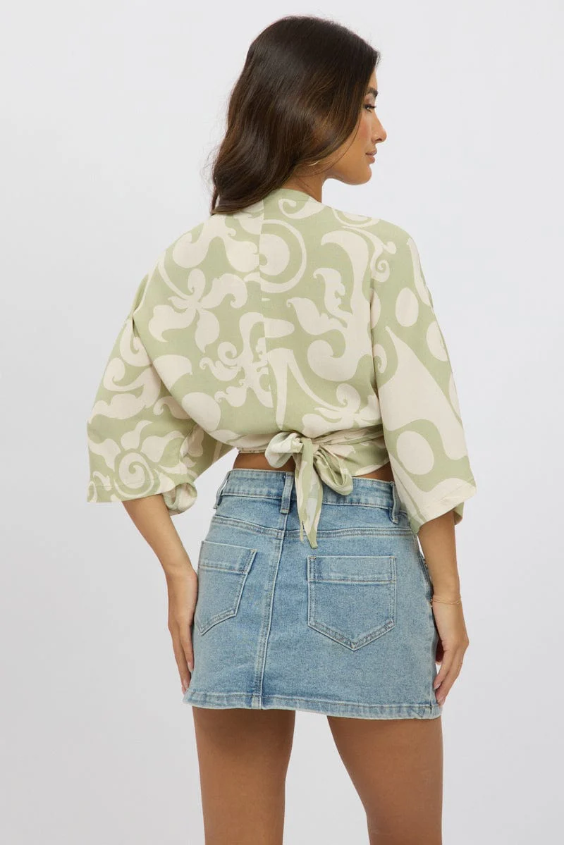 Green Abstract Tie Up Bolero Short Sleeve - Image 5