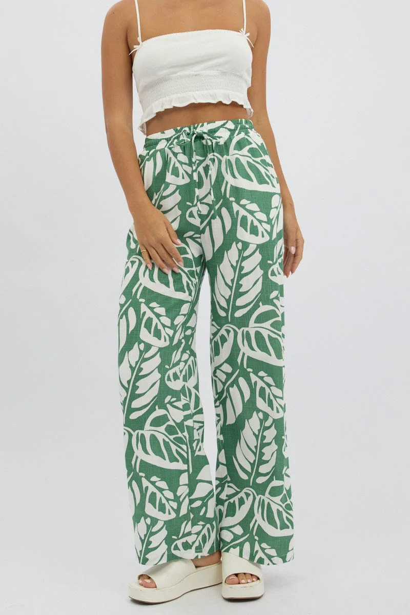 Green Abstract Wide Leg Pants Elasticated Waist - Image 2