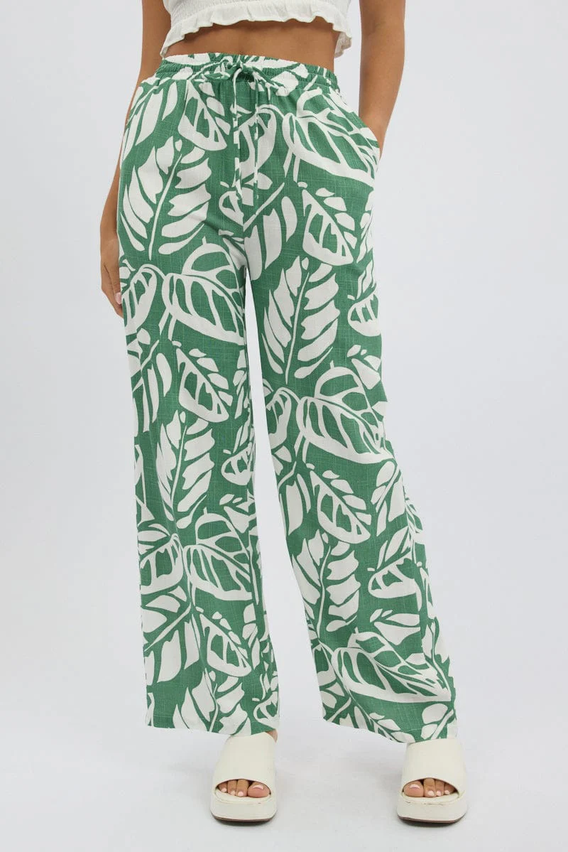 Green Abstract Wide Leg Pants Elasticated Waist - Image 3