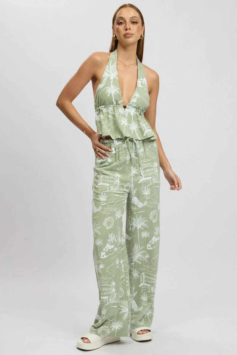 Green Abstract Wide Leg Pants High Rise - Image 3