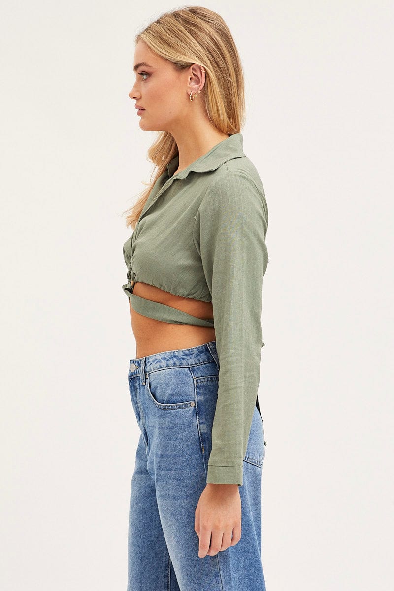 Green Bell Sleeve Top Long Sleeve Crop - Image 4
