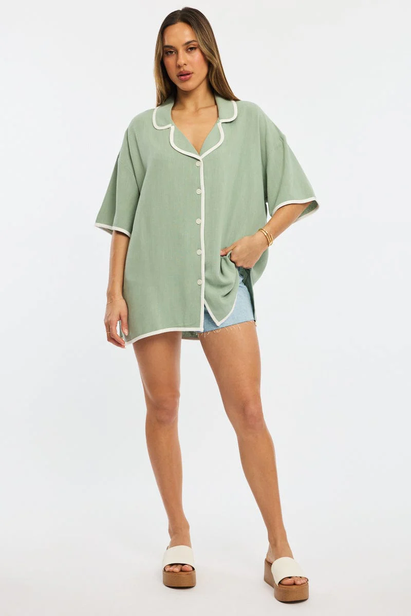 Green Bias Lapel Shirt Short Sleeve Relaxed Linen Blend - Image 2
