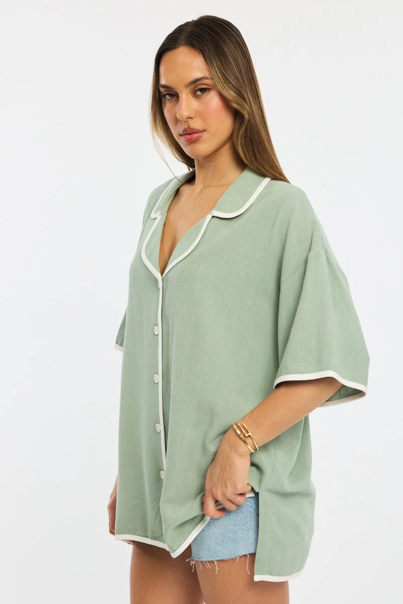 Green Bias Lapel Shirt Short Sleeve Relaxed Linen Blend - Image 3