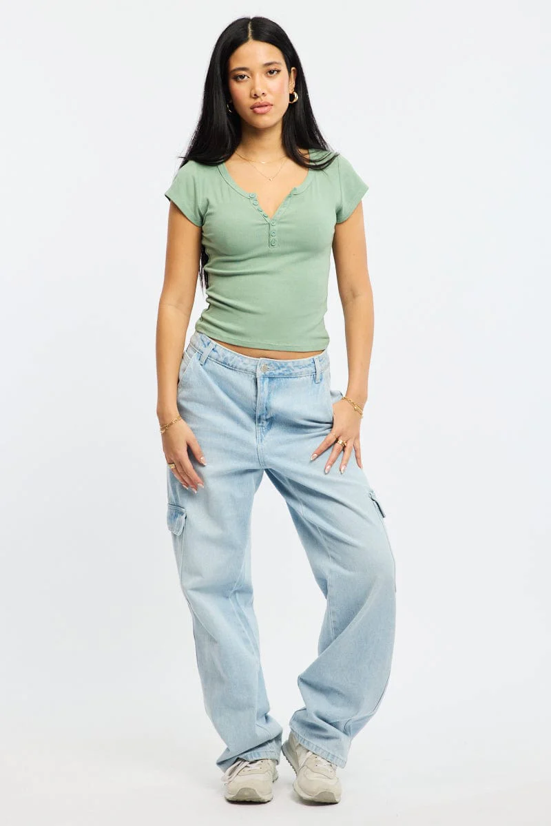 Green Button Down Tee Short Sleeve Rib - Image 2