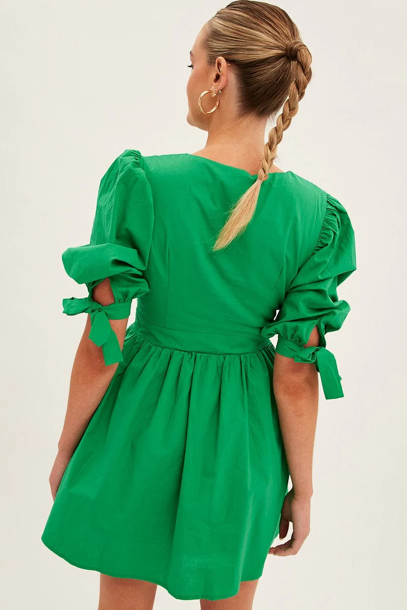 Green Button Dress Puff Sleeve V Neck Cotton - Image 5