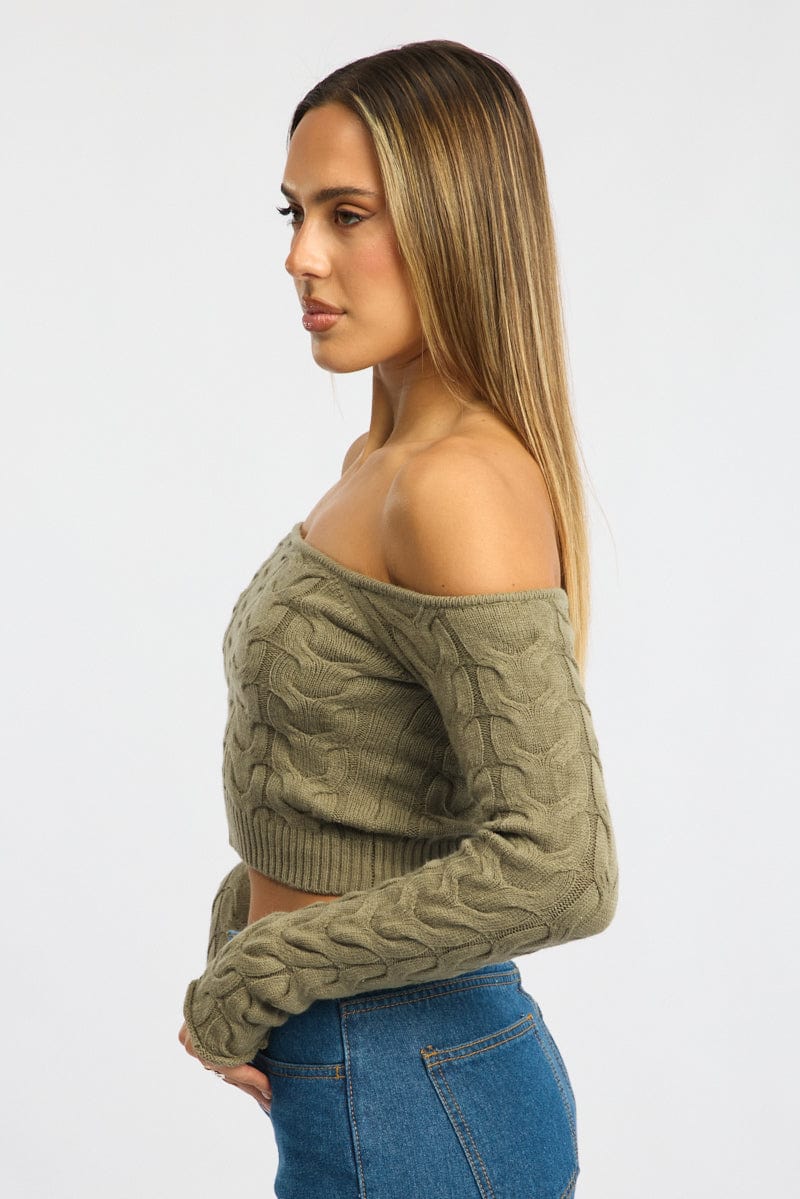 Green Cable Knit Top Long Sleeve Off Shoulder - Image 3