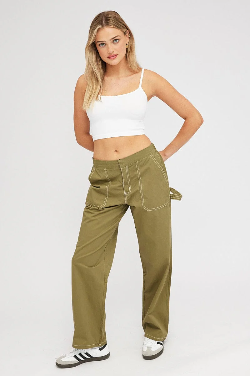 Green Cargo Pants Mid Rise Contrast Stitch - Image 3