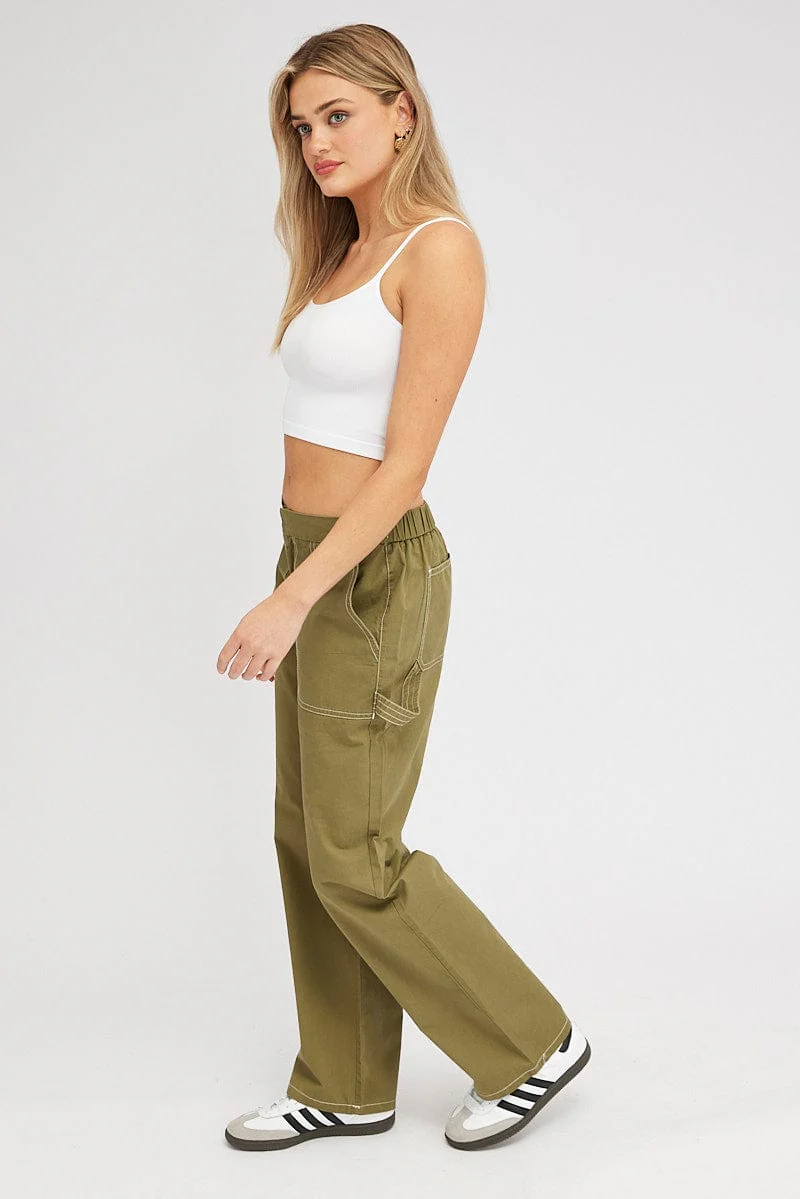 Green Cargo Pants Mid Rise Contrast Stitch - Image 4