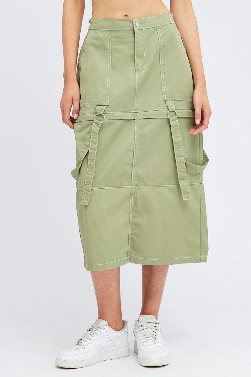 Green Cargo Skirt High Rise Elastic Two-way Midi Mini - Image 2