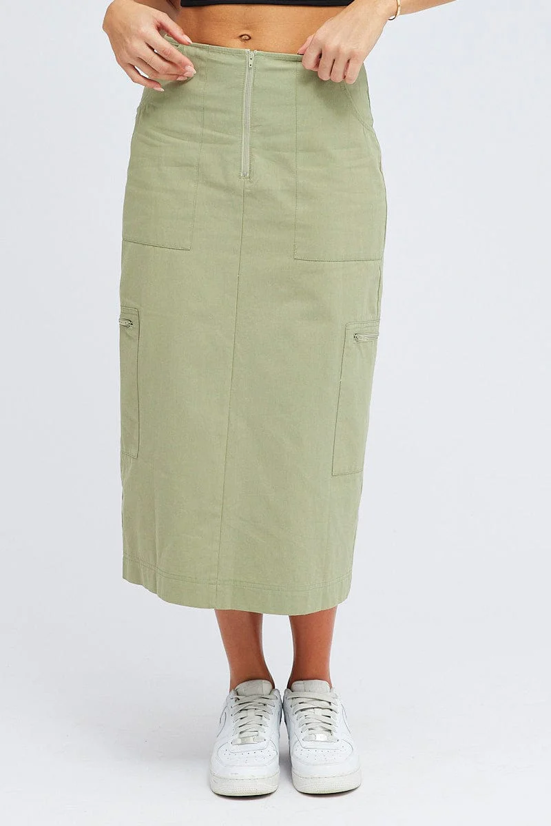Green Cargo Skirt High Waist A-line Zip Detail Utility - Image 2