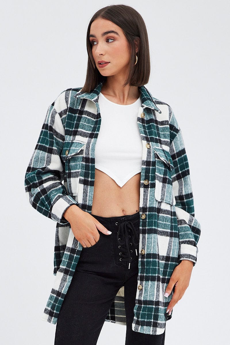 Green Check Long Print Jacket Long Sleeves