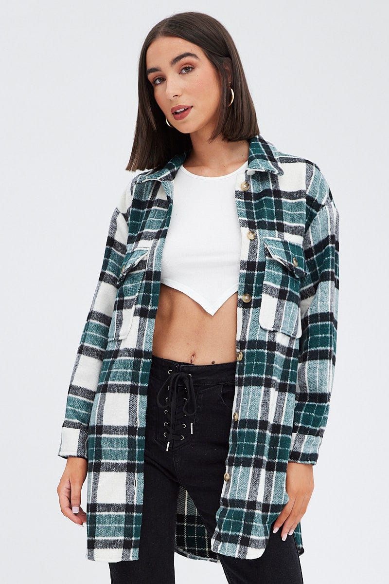 Green Check Long Print Jacket Long Sleeves - Image 3