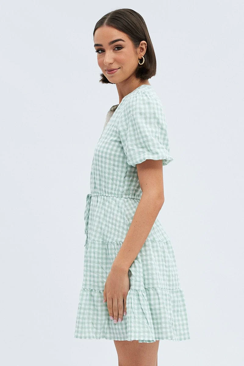Green Check Shirt Dress Short Sleeve Tiered - Image 4