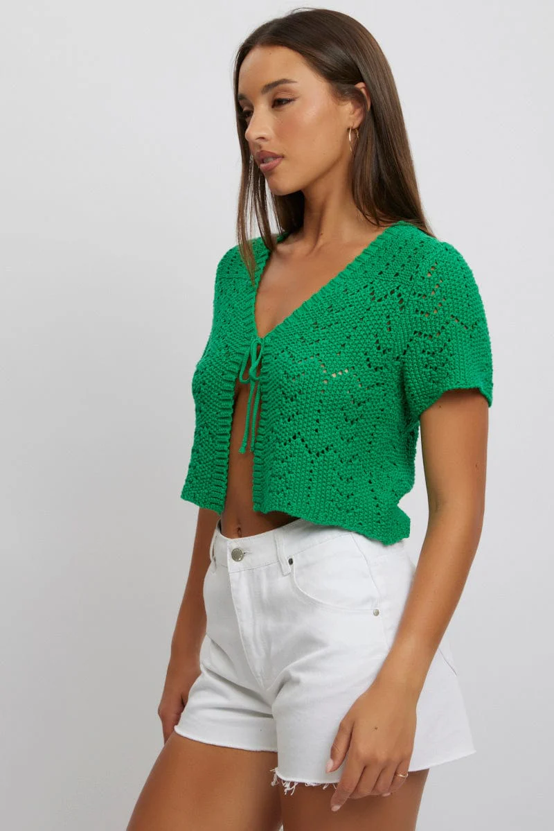 Green Crochet Knit Cardigan Short Sleeve V Neck - Image 4
