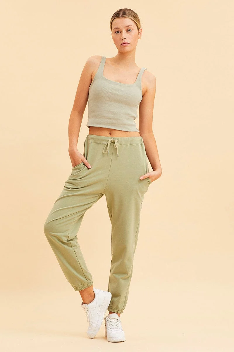 Green Crop Tank Square Neck Cotton Blend Rib - Image 2
