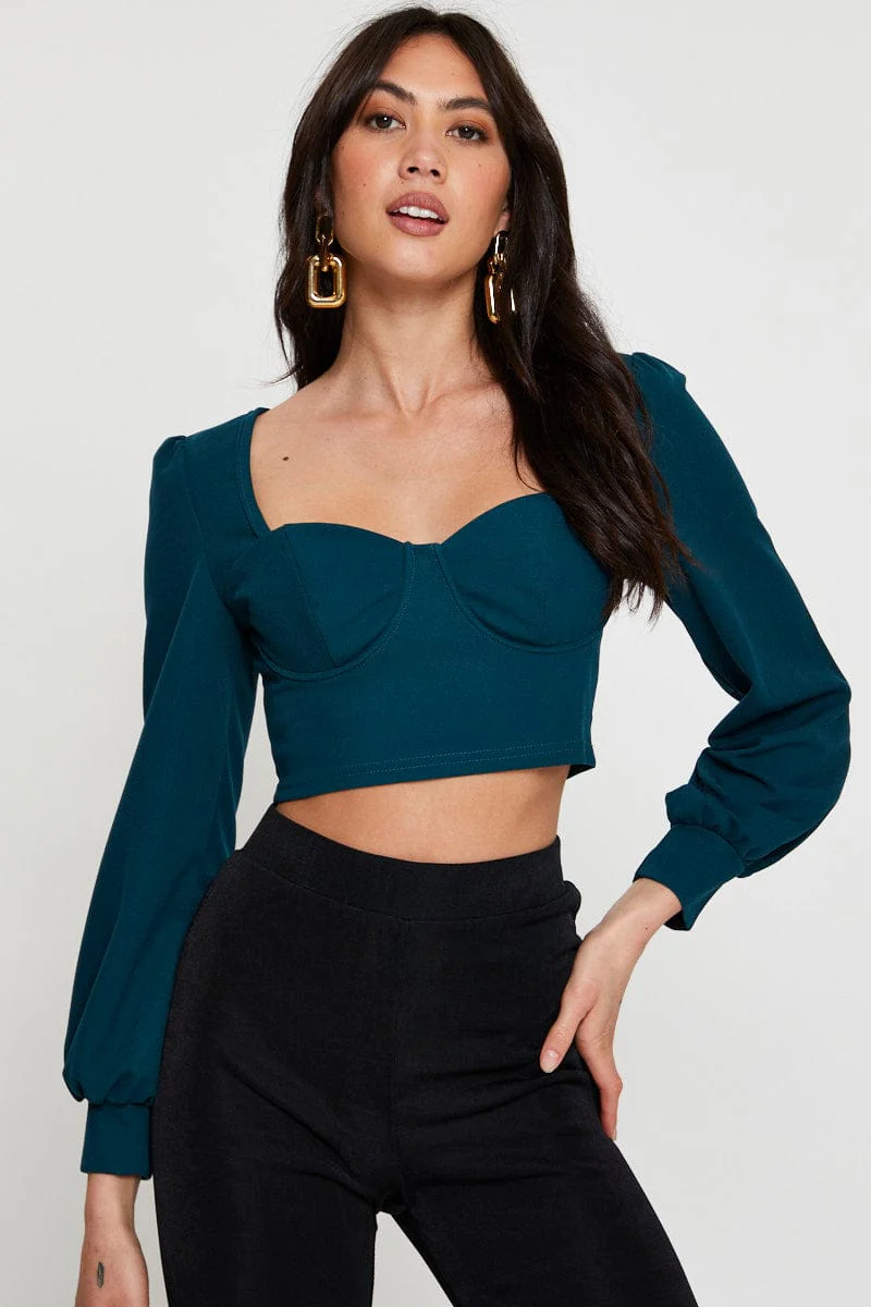 Green Crop Top Long Sleeve Sweetheart - Image 3