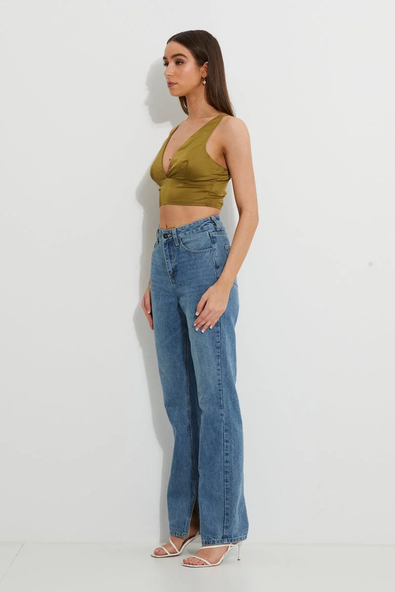 Green Designer Plunge Satin Crop Top - Image 2