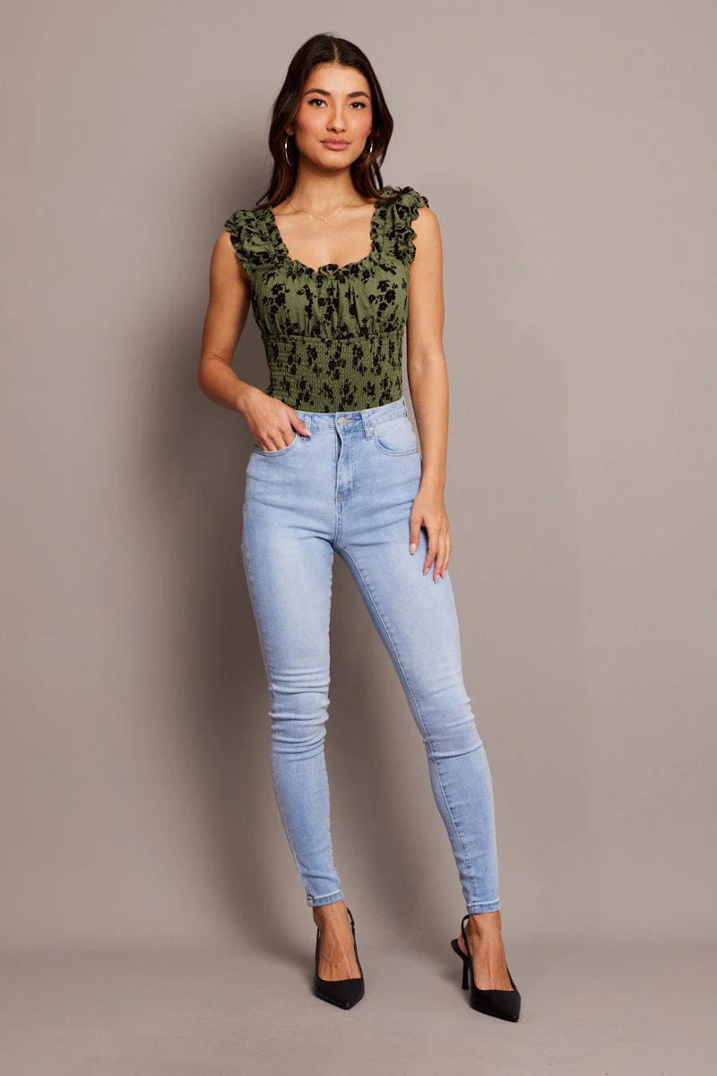 Green Ditsy Bodysuit Short Sleeve Shirred - Image 2