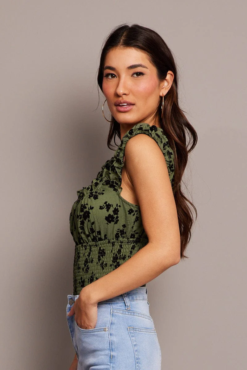 Green Ditsy Bodysuit Short Sleeve Shirred - Image 3
