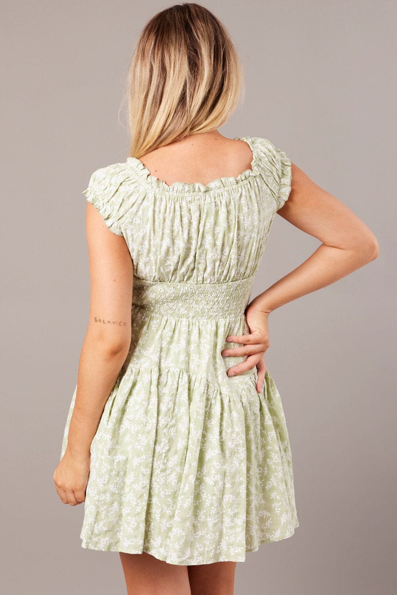 Green Ditsy Fit And Flare Dress Puff Sleeve - Image 5
