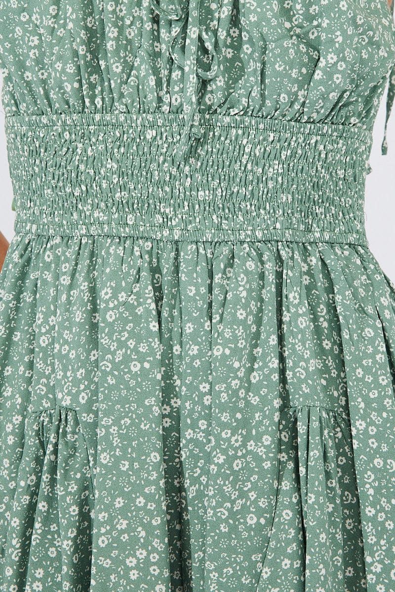 Green Ditsy Fit And Flare Playsuit Gathered Bust Sleeveless - Image 6