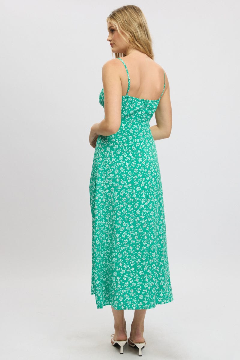 Green Ditsy Midi Dress Gathered Bust - Image 5